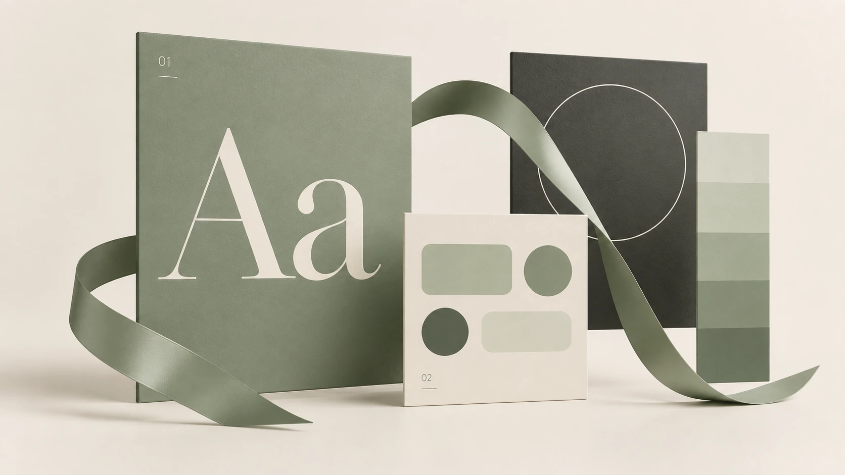 Abstrakte Gestaltungsstudie mit Typografie und Farbmustern in Salbei, Off-White und Graphit
